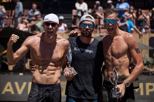 26 June 2016: Olympic-bound duo Jake Gibb (left) and Casey Patterson (right) pose with coach Tyler Hildebrand after winning the championship match of the AVP San Francisco Open in San Francisco, CA. (Photo by Hailey Archambault Icon Sportswire) VOLLEYBALL: JUN 26 AVP San Francisco Open Icon160626907 EDITORIAL USE ONLY