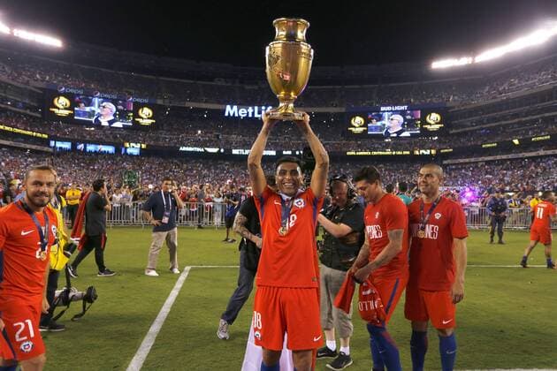 Football, Argentina v Chile. Copa America Centenario Championship 2016. Chile s player Gonzalo Jara celebrates the Copa America Centenario Championship title after winning against Argentina at the Met Life stadium in New Jersey, USA. 26 06 2016 Argentina v Chile, final Copa America Centenario 2016. 