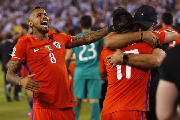 Football, Argentina v Chile. Copa America Centenario Championship 2016. Chile s Arturo Vidal celebrates the Copa America Centenario Championship title after winning against Argentina at the Met Life stadium in New Jersey, USA. 26 06 2016 Argentina v Chile, final Copa America Centenario 2016. 
