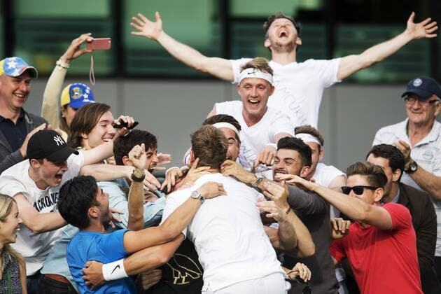 160627, Tennis, Wimbledon, Dag 1: Marcus Willis (GBR) celebrates with fans and friends after winning in GentlemenÕs Singles first round. The Championships 2016 at The All England Lawn Tennis Club, Wimbledon. Day 1 Monday 27 06 2016.  Copyright: JOELxMARKLUND BB160627JM017