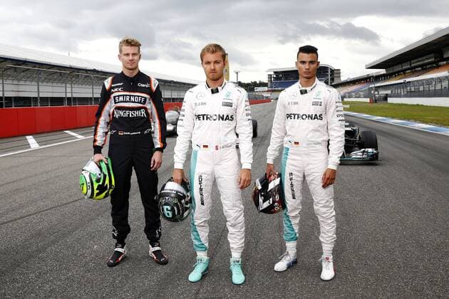 Motorsports: Trackday F1 Deutschland, Hockenheim zum großen Preis von deutschland 27 Nico Hulkenberg (GER, Sahara Force India F1 Team), 6 Nico Rosberg (GER, Mercedes AMG Petronas F1 Team), 94 Pascal Wehrlein (GER, Manor Racing MRT), xJuergenxTapx xHochxZweix