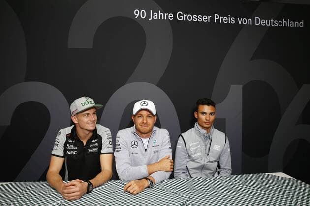 Motorsports: Trackday F1 Deutschland, Hockenheim zum großen Preis von deutschland 27 Nico Hulkenberg (GER, Sahara Force India F1 Team), 6 Nico Rosberg (GER, Mercedes AMG Petronas F1 Team), 94 Pascal Wehrlein (GER, Manor Racing MRT), xJuergenxTapx xHochxZweix
