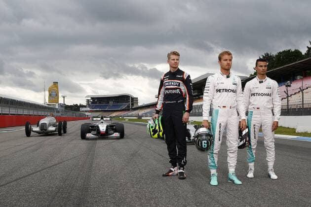 Motorsports: Trackday F1 Deutschland, Hockenheim zum großen Preis von deutschland 27 Nico Hulkenberg (GER, Sahara Force India F1 Team), 6 Nico Rosberg (GER, Mercedes AMG Petronas F1 Team), 94 Pascal Wehrlein (GER, Manor Racing MRT), xJuergenxTapx xHochxZweix