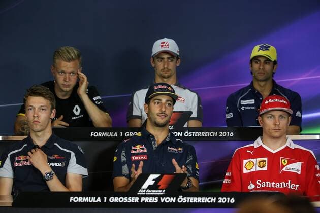 FORMULA 1 - GP of Austria 2016 SPIELBERG,AUSTRIA,30.JUN.16 - MOTORSPORTS, FORMULA 1 - Grand Prix of Austria, Red Bull Ring, preview, press conference PK Pressekonferenz Image shows Daniil Kvyat (RUS Scuderia Toro Rosso), Kevin Magnussen (DEN Renault), Daniel Ricciardo (AUS Red Bull Racing), Esteban Gutierrez (MEX Haas), Kimi Raikkoenen (FIN Ferrari) and Felipe Nasr (BRA Saubandeer). GEPAxpictures xDanielxGoetzhaber