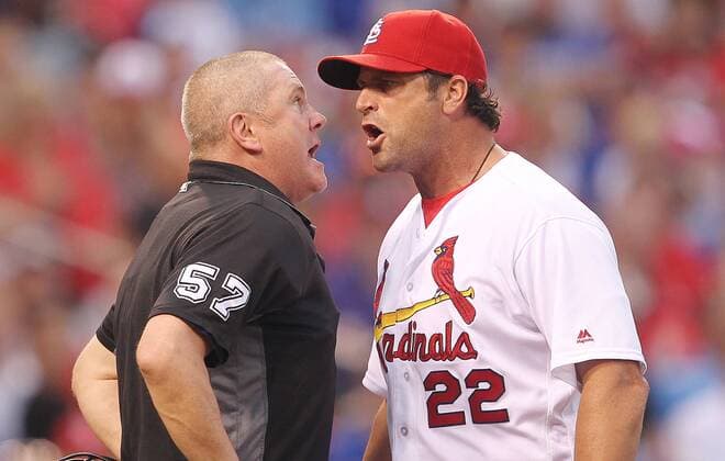 St. Louis Cardinals manager Mike Matheny goes face to face with home plate umpire Mike Everitt after being thrown out of the game in the sixth inning in a game against the Kansas City Royals at Busch Stadium in St. Louis no June 30, 2016.  SLP2016063007 BILLxGREENBLATT