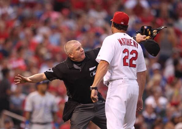 Home plate umpire MIke Everitt rears back to eject St. Louis Cardinals Mike Matheny from a game against the Kansas City Royals in the sixth inning at Busch Stadium in St. Louis on June 30, 2016.  SLP2016063013 BILLxGREENBLATT