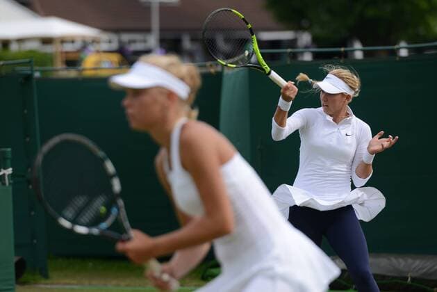 June 30, 2016 - London, England - ANATSASIA POTAPOVA and OLESYA PERVUSHINA of Russia in the doubles semifinals in the Nike Junior International Roehampton tennis tournament. Tennis 2016 - Nike Junior International Roehampton - Day 5 - ZUMAl132