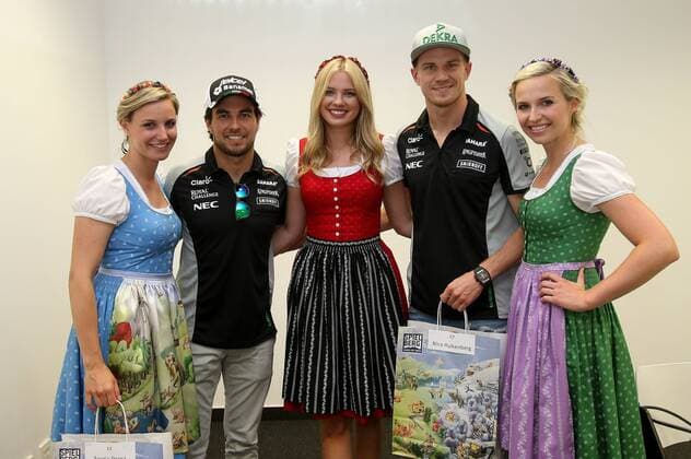 FORMULA 1 - GP of Austria 2016 SPIELBERG,AUSTRIA,01.JUL.16 - MOTORSPORTS, FORMULA 1 - Grand Prix of Austria, Red Bull Ring, free practice. Image shows Sergio Perez (MEX Force India) and Nico Huelkenberg (GER Force India) with Formula Unas. GEPAxpictures xChristianxWalgram