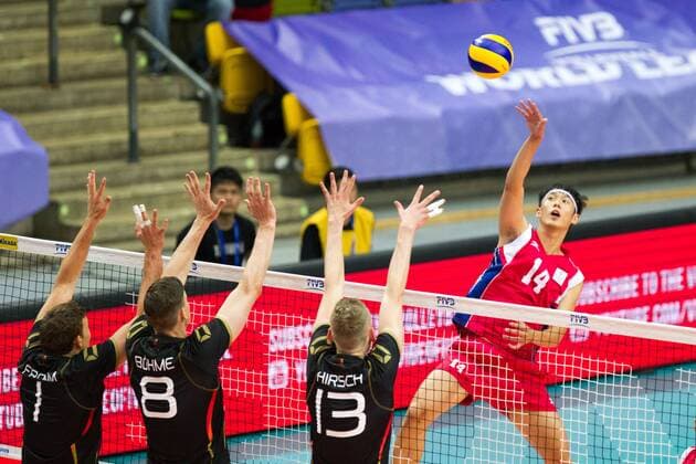 Block block Christian Fromm (1 Deutschland Germany), Markus Boehme (8 Deutschland Germany) and Simon Hirsch (13 Deutschland Germany) - Angriff attack Ming Chun Wang (14 Taiwan Chinese Taipei); FIVB Volleyball World League Group 3 Finals, fraport Arena, Frankfurt (Main) Germany, 20160701: Semifinal Germany vs Chinese Taipei (Deutschland gegen Taiwan) , Frankfurt (Main) Copyright: Wuechner Eibner-Pressefoto EP_NWR