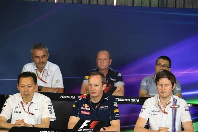 01.07.2016. Red Bull Circuit, Spielberg, Austria. F1 Grand pix of Austria. Free practise sessions. Luca Furbatto - Manor Racing Chielf Designer, Yusuke Hasegawa & x2013; Honda Head of Formula 1Project, Paul Monaghan & x2013; Red Bull Racing Chief Engineer (Car Engineering), Rob Smedley - Williams Martini Racing Head of Vehicle Performance, Graham Watson - Scuderia Toro Rosso Team Manager and Beat Zehnder & x2013; Sauber F1 Team, Team Manager xLeannexBoonx  ActionPlus11756997