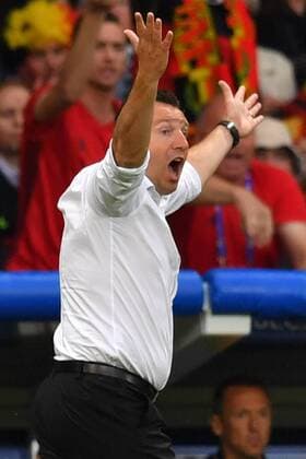 SOCCER - UEFA EURO EM Länderspiel Europameisterschaft Fussball 2016, WAL vs BEL LILLE,FRANCE,01.JUL.16 - SOCCER - UEFA European Championship EM Europameisterschaft 2016, quarterfinal, international match Länderspiel Wales vs Belgium Nationalteam Nationalteam . Image shows the rejoicing of head coach Marc Wilmots (BEL). GEPAxpictures xFlorianxErtl