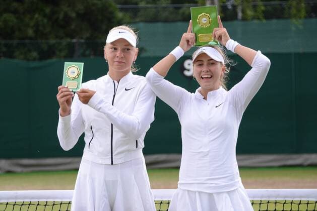 July 1, 2016 - London, England - ANASTASIA POTAPOVA (right) and OLESYA PERVUSHINA of Russia pose with their trophies after the final of the Nike Junior International Roehampton tennis tournament. Tennis 2016 - Nike Junior International Roehampton - Day 6 - ZUMAl132