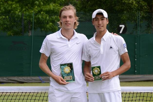 July 1, 2016 - London, England - DENIS SHAPOVALOV of Canada and YOSUKE WATANUKI of Japan pose with their trophies after the final of the Nike Junior International Roehampton tennis tournament. Tennis 2016 - Nike Junior International Roehampton - Day 6 - ZUMAl132