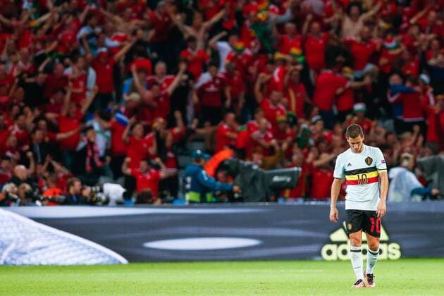 Belgium s Eden Hazard looks dejected after a soccer game between Belgian national soccer team Red Devils and Wales, in the quarter-finals of the UEFA EURO EM Europameisterschaft Fussball 2016 European Championships, on Friday 01 July 2016, in Lille, France. The Euro2016 tournament is taking place from 10 June to 10 July. BRUNOxFAHY  x04883889x