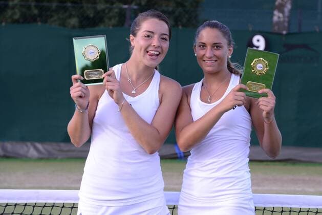 July 1, 2016 - London, England - JODIE BURRAGE of Great Britain (left) and PANNA UDVARDY of Hungary pose with their trophies after winning the doubles title at the Nike Junior International Roehampton tennis tournament. Tennis 2016 - Nike Junior International Roehampton - Day 6 - ZUMAl132