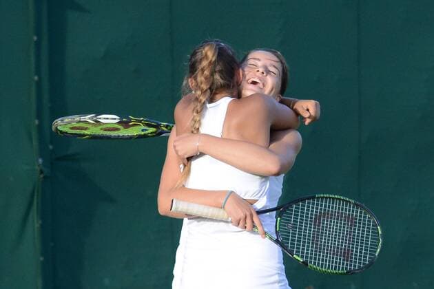 July 1, 2016 - London, England - JODIE BURRAGE of Great Britain (right) and PANNA UDVARDY of Hungary celebrate winning the doubles title at the Nike Junior International Roehampton tennis tournament. Tennis 2016 - Nike Junior International Roehampton - Day 6 - ZUMAl132