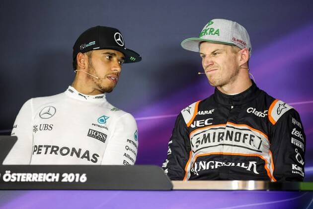 FORMULA 1 - GP of Austria 2016 SPIELBERG,AUSTRIA,02.JUL.16 - MOTORSPORTS, FORMULA 1 - Grand Prix of Austria, Red Bull Ring, qualifying, press conference PK Pressekonferenz Image shows Lewis Hamilton (GBR Mercedes GP) and Nico Huelkenberg (GER Force India). GEPAxpictures xDanielxGoetzhaber