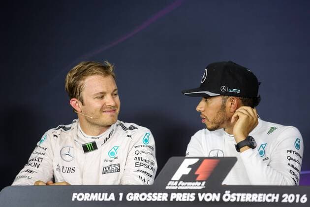 FORMULA 1 - GP of Austria 2016 SPIELBERG,AUSTRIA,02.JUL.16 - MOTORSPORTS, FORMULA 1 - Grand Prix of Austria, Red Bull Ring, qualifying, press conference PK Pressekonferenz Image shows Nico Rosberg (GER Mercedes GP) and Lewis Hamilton (GBR Mercedes GP). GEPAxpictures xDanielxGoetzhaber