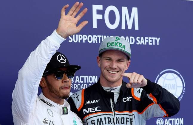 FORMULA 1 - GP of Austria 2016 SPIELBERG,AUSTRIA,02.JUL.16 - MOTORSPORTS, FORMULA 1 - Grand Prix of Austria, Red Bull Ring, qualifying. Image shows Lewis Hamilton (GBR Mercedes GP) and Nico Huelkenberg (GER Force India). GEPAxpictures xChristianxWalgram