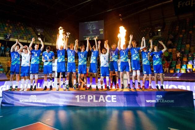 Freude Jubel joy Slowenien; FIVB Volleyball World League Group 3 Finals, fraport Arena, Frankfurt (Main) Germany, 20160702: 1st place match: Germany vs Slovenia (Deutschland gegen Slowenien) Frankfurt (Main) Copyright: Wuechnerx xEibner-Pressefoto EP_nwr