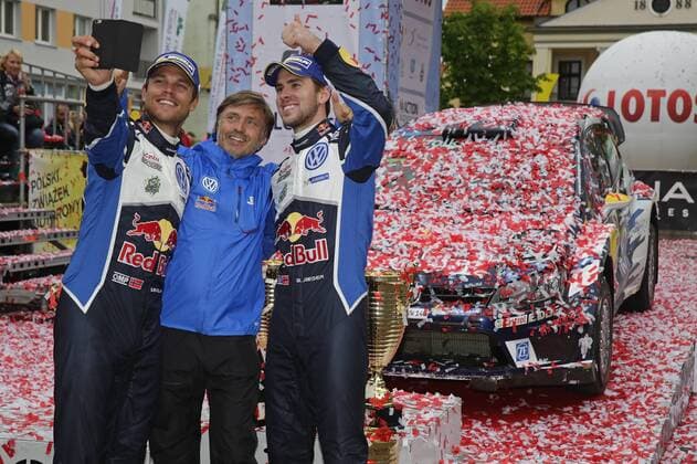 Andreas Mikkelsen (NOR), Jost Capito, Anders Jaeger (NOR) WRC Motorsport Rallye WM Rally Poland 2016 Rally Poland 2016