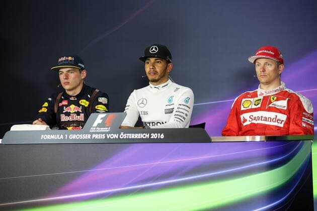 FORMULA 1 - GP of Austria 2016 SPIELBERG,AUSTRIA,03.JUL.16 - MOTORSPORTS, FORMULA 1 - Grand Prix of Austria, Red Bull Ring, press conference PK Pressekonferenz Image shows Max Verstappen (NED Red Bull Racing), Lewis Hamilton (GBR Mercedes GP) and Kimi Raikkoenen (FIN Ferrari). GEPAxpictures xDanielxGoetzhaber