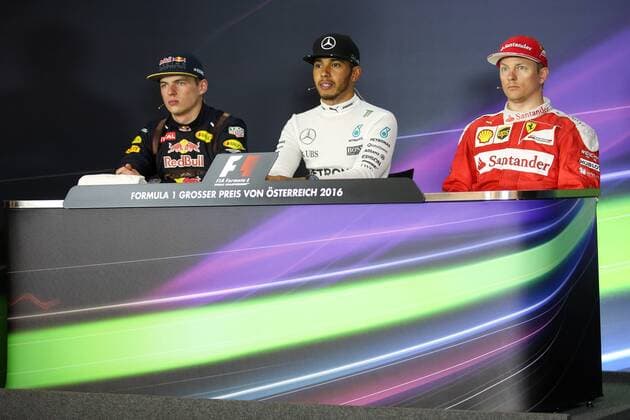 FORMULA 1 - GP of Austria 2016 SPIELBERG,AUSTRIA,03.JUL.16 - MOTORSPORTS, FORMULA 1 - Grand Prix of Austria, Red Bull Ring, press conference PK Pressekonferenz Image shows Max Verstappen (NED Red Bull Racing), Lewis Hamilton (GBR Mercedes GP) and Kimi Raikkoenen (FIN Ferrari). GEPAxpictures xDanielxGoetzhaber