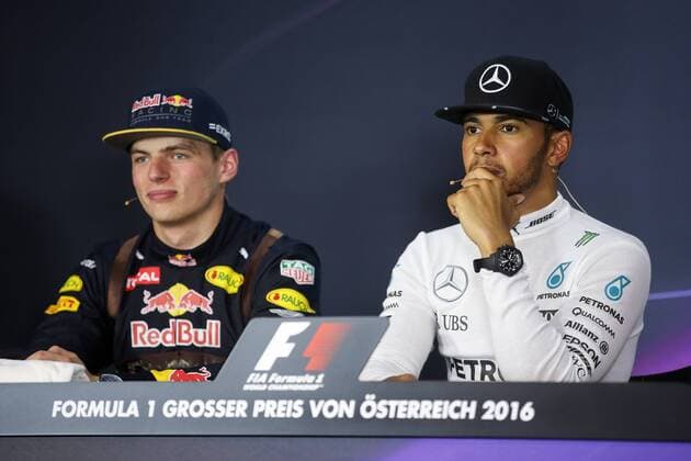 FORMULA 1 - GP of Austria 2016 SPIELBERG,AUSTRIA,03.JUL.16 - MOTORSPORTS, FORMULA 1 - Grand Prix of Austria, Red Bull Ring, press conference PK Pressekonferenz Image shows Max Verstappen (NED Red Bull Racing) and Lewis Hamilton (GBR Mercedes GP). GEPAxpictures xDanielxGoetzhaber