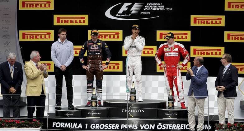 FORMULA 1 - GP of Austria 2016 SPIELBERG,AUSTRIA,03.JUL.16 - MOTORSPORTS, FORMULA 1 - Grand Prix of Austria, Red Bull Ring. Image shows governor Hermann Schuetzenhoefer (2.v.l.), Max Verstappen (NEL Red Bull), Lewis Hamilton (GBR Mercedes), Kimi Raeikkoenen (FIN Ferrari) and Christian Buchmann (1.v.r.). GEPAxpictures xHansxOberlaender