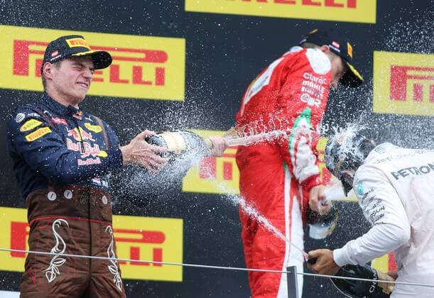 FORMULA 1 - GP of Austria 2016 SPIELBERG,AUSTRIA,03.JUL.16 - MOTORSPORTS, FORMULA 1 - Grand Prix of Austria, Red Bull Ring, award ceremony. Image shows Max Verstappen (NED Red Bull), Kimi Raikkoenen (FIN Ferrari) and Lewis Hamilton (GBR Mercedes GP). GEPAxpictures xMaticxKlansek