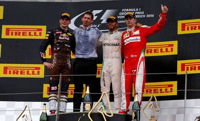 Podium, Max Verstappen; Red Bull Racing, Lewis Hamilton; Mercedes Grand Prix, Kimi Raiikkoenen, Scuderia Ferrari, formula 1 GP, Austria in Spielberg, 03.07.2016 Photo:mspb Jerry Andre Podium, Max Verstappen; Lewis Hamilton; Kimi Raikkoenen, formula 1 GP, Austria