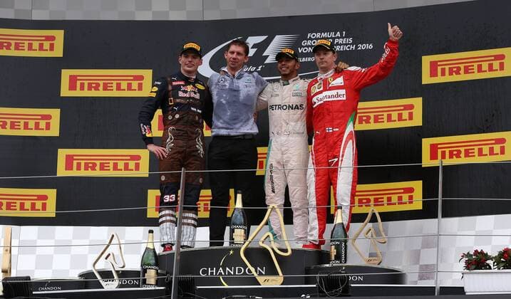 Podium, Max Verstappen; Red Bull Racing, Lewis Hamilton; Mercedes Grand Prix, Kimi Raiikkoenen, Scuderia Ferrari, formula 1 GP, Austria in Spielberg, 03.07.2016 Photo:mspb Jerry Andre Podium, Max Verstappen; Lewis Hamilton; Kimi Raikkoenen, formula 1 GP, Austria