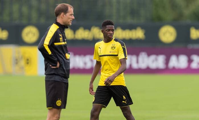 05.07.2016, Trainingsgelaende, Dortmund, Die Mannschaft von Borussia Dortmund beim Training auf der Trainingsanlage, im Bild Trainer Thomas Tuchel (li.) zusammen mit Ousmane Dembele Mannschaftstraining Borussia Dortmund