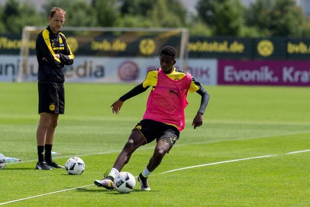 Dortmund, Germany 06.07.2016, Training BV Borussia Dortmund, BVB, Trainer Thomas Tuchel (BVB) und Ousmane Dembele (BVB) ( DeFodi001