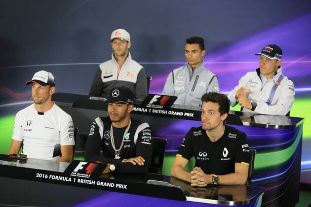 07.07.2016. Silverstone Circuit, Towester, Northants, UK. Formula 1 Grand Prix of Great Britain. Drivers press conference PK Pressekonferenz McLaren Honda & x2013; Jenson Button, Williams Martini Racing & x2013; Valtteri Bottas, Haas F1 Team & x2013; Romain Grosjean, Mercedes AMG Petronas & x2013; Lewis Hamilton, Renault F1 Team & x2013; Jolyon Palmer and Manor Racing - Pascal Wehrlein xLeannexBoonx  ActionPlus11759136