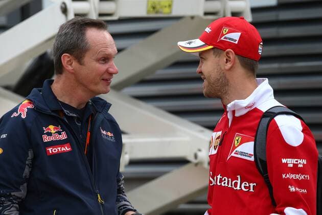 British Grand Prix, Silverstone 07 - 10 July 2016 07.07.2016 - Sebastian Vettel (GER) Scuderia Ferrari SF16-H and Paul Monaghan (GBR) Red Bull Racing Chief Engineer 