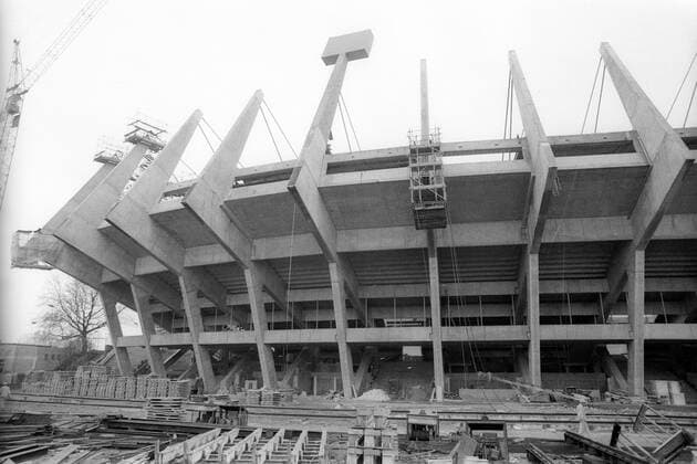 Fußball, Stadiongeschichte Fortuna Düsseldorf Baustelle Rheinstadion Düsseldorf, Heimspielstätte der Düsseldorfer Fortuna