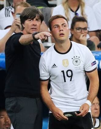 MARSEILLE, FRANCE - JULY 7, 2016: Germany s head coach Joachim Low (L) and Germany s Mario Gotze seen in the 2016 UEFA European Football Championship semifinal match against France at Stade Velodrome. The French team won the game 2:0. Alexander Demianchuk TASS  TS0294C4