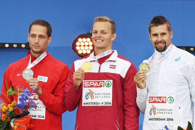Amsterdam, Leichtathletik, Athletics, Track and Field, EAA, Leichtathletik EM Amsterdam 2016, European Championships Amsterdam, 06.07-10.07.2016, Olympiastadion Amsterdam,Viezslav Vesely, CZE Sigismunds Sirmais, LAT, Antti Ruuskanen, Finnland, Speerwurf Männer, Siegerehrung, Podium, Copyright Gladys Chai von der Laage