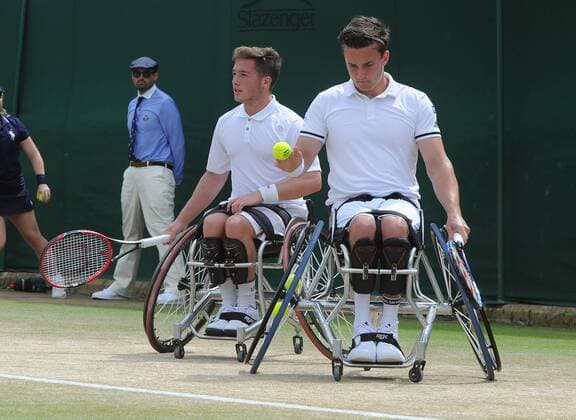 Tennis - 2016 Wimbledon Championships - Week Two, (Day Thirteen) Mens doubles Wheelchair Final Stephane Houdet (FRA) and Nicolas Peifer (FRA) v Alfie Hewett (GBR) and Gordon Reid (GBR) Alfie Hewett and Gordon Reid on court 17 COLORSPORT ANDREW COWIE 