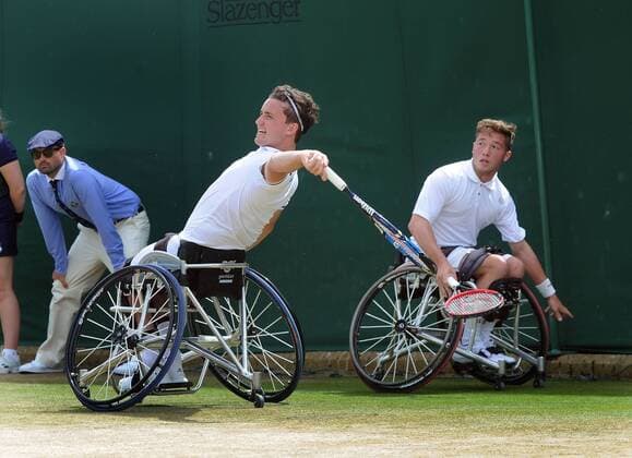Tennis - 2016 Wimbledon Championships - Week Two, (Day Thirteen) Mens doubles Wheelchair Final Stephane Houdet (FRA) and Nicolas Peifer (FRA) v Alfie Hewett (GBR) and Gordon Reid (GBR) Alfie Hewett and Gordon Reid on court 17 COLORSPORT ANDREW COWIE 