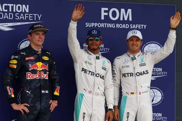 British Grand Prix, Silverstone 07 - 10 July 2016 09.07.2016 - Qualifying, 3rd position Max Verstappen (NED) Red Bull Racing RB12, Lewis Hamilton (GBR) Mercedes AMG F1 W07 Hybrid pole position and 2nd position Nico Rosberg (GER) Mercedes AMG F1 W07 Hybrid 