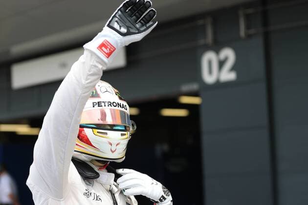 09.07.2016. Silverstone, Northants, England. Formula One British Grand Prix Qualifying on a damp circuit. Mercedes AMG Petronas W07 Hybrid & x2013; Lewis Hamilton takes pole at Silverstone as he leaps from car xLeannexBoonx  ActionPlus11759961