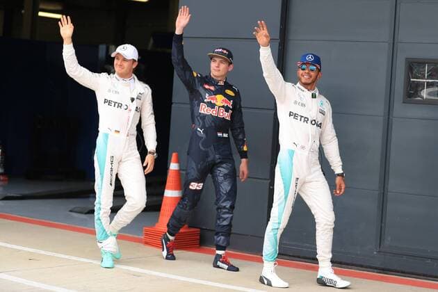 09.07.2016. Silverstone, Northants, England. Formula One British Grand Prix Qualifying on a damp circuit. Mercedes AMG Petronas W07 Hybrid & x2013; Lewis Hamilton takes pole at Silverstone ahead of his team mate Nico Rosberg and Red Bull Racing RB12 driver Max Verstappen. xLeannexBoonx  ActionPlus11759963
