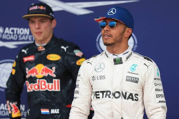 09.07.2016. Silverstone, Northants, England. Formula One British Grand Prix Qualifying on a damp circuit. Mercedes AMG Petronas W07 Hybrid & x2013; Lewis Hamilton takes pole at Silverstone ahead of his team mate Nico Rosberg and Red Bull Racing RB12 driver Max Verstappen. xLeannexBoonx  ActionPlus11759965