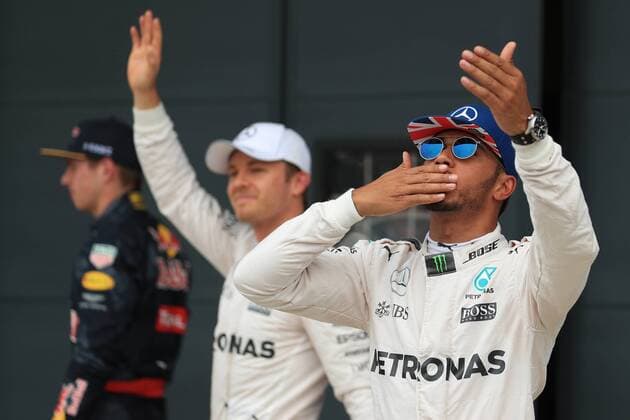 09.07.2016. Silverstone, Northants, England. Formula One British Grand Prix Qualifying on a damp circuit. Mercedes AMG Petronas W07 Hybrid & x2013; Lewis Hamilton takes pole at Silverstone ahead of his team mate Nico Rosberg and Red Bull Racing RB12 driver Max Verstappen. xLeannexBoonx  ActionPlus11759966
