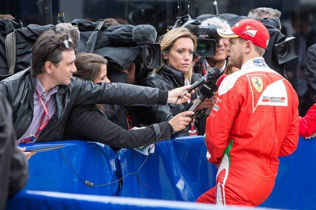 09.07.2016. Silverstone, Northants, England. Formula One British Grand Prix Qualifying. Scuderia Ferrari driver Sebastian Vettel is interviewed by the press. xTimxWilliamsx  ActionPlus11759993