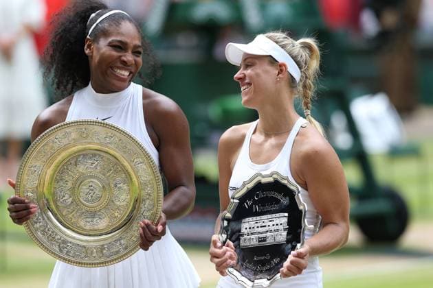 Serena Williams (dark), USA, and Angelique Kerber, GER, after the final of 2016 Wimbledon tennis ladies singles championships in London, 09 07 2016; -