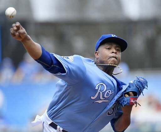 July 9, 2016 - Kansas City, MO, USA - Kansas City Royals starting pitcher Edinson Volquez throws against the Seattle Mariners on Saturday, July 9, 2016, at Kauffman Stadium in Kansas City, Mo. Seattle at Kansas City - ZUMAm67_
