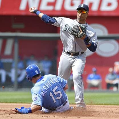 July 9, 2016 - Kansas City, MO, USA - The Kansas City Royals Whit Merrifield (15) is forced out at second by Seattle Mariners second baseman Robinson Cano before completing the double play on Christian Colon in the first inning on Saturday, July 9, 2016, at Kauffman Stadium in Kansas City, Mo. Seattle at Kansas City - ZUMAm67_